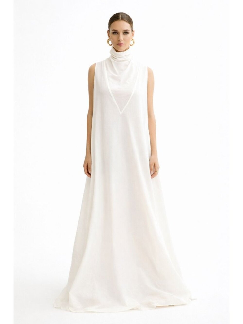 Sleeveless White High-Neck Long Minimalist Modern Cotton Dress By Ursime Flowy